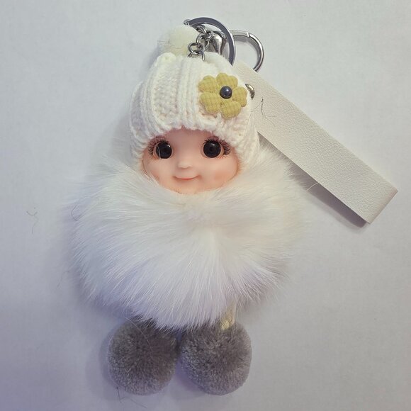 Cute Smiling Fur Baby Keychain with LOVE tag, Plush rabbit fur, Bag Charm - Picture 3 of 5